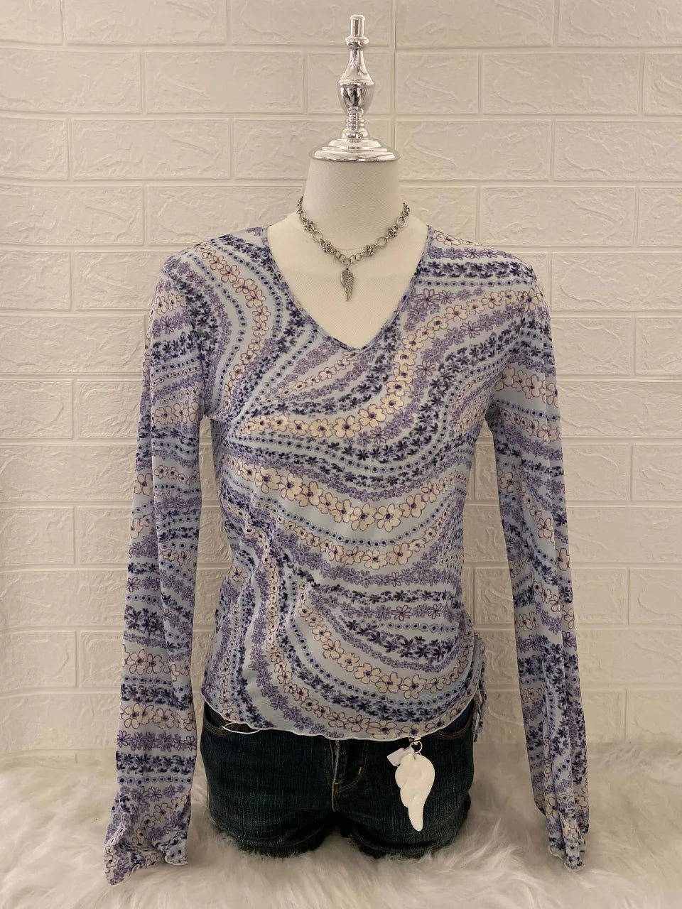 Blue Floral Long Sleeve Blouse 1