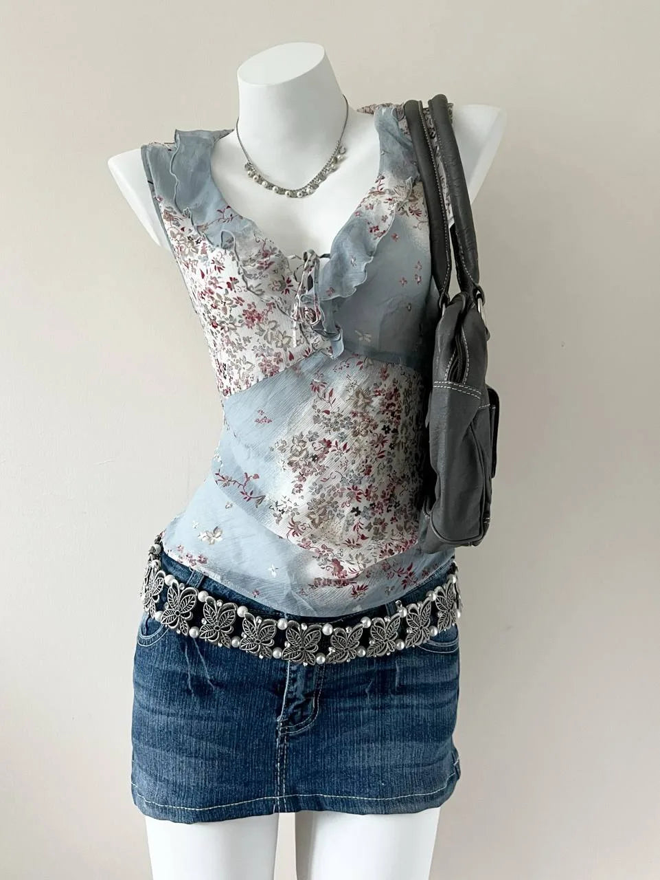 Blue Floral Ruffle V Neck with Pin Blouse 1