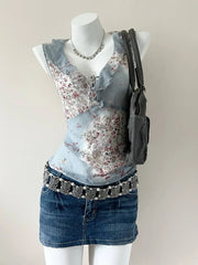 Blue Floral Ruffle V Neck with Pin Blouse 1