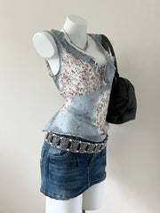 Blue Floral Ruffle V Neck with Pin Blouse 2
