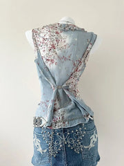 Blue Floral Ruffle V Neck with Pin Blouse 3