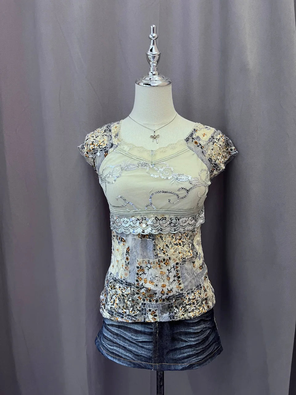 Blue Patchwork Mesh Overlay Blouse 1