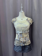 Blue Patchwork Mesh Overlay Blouse 1
