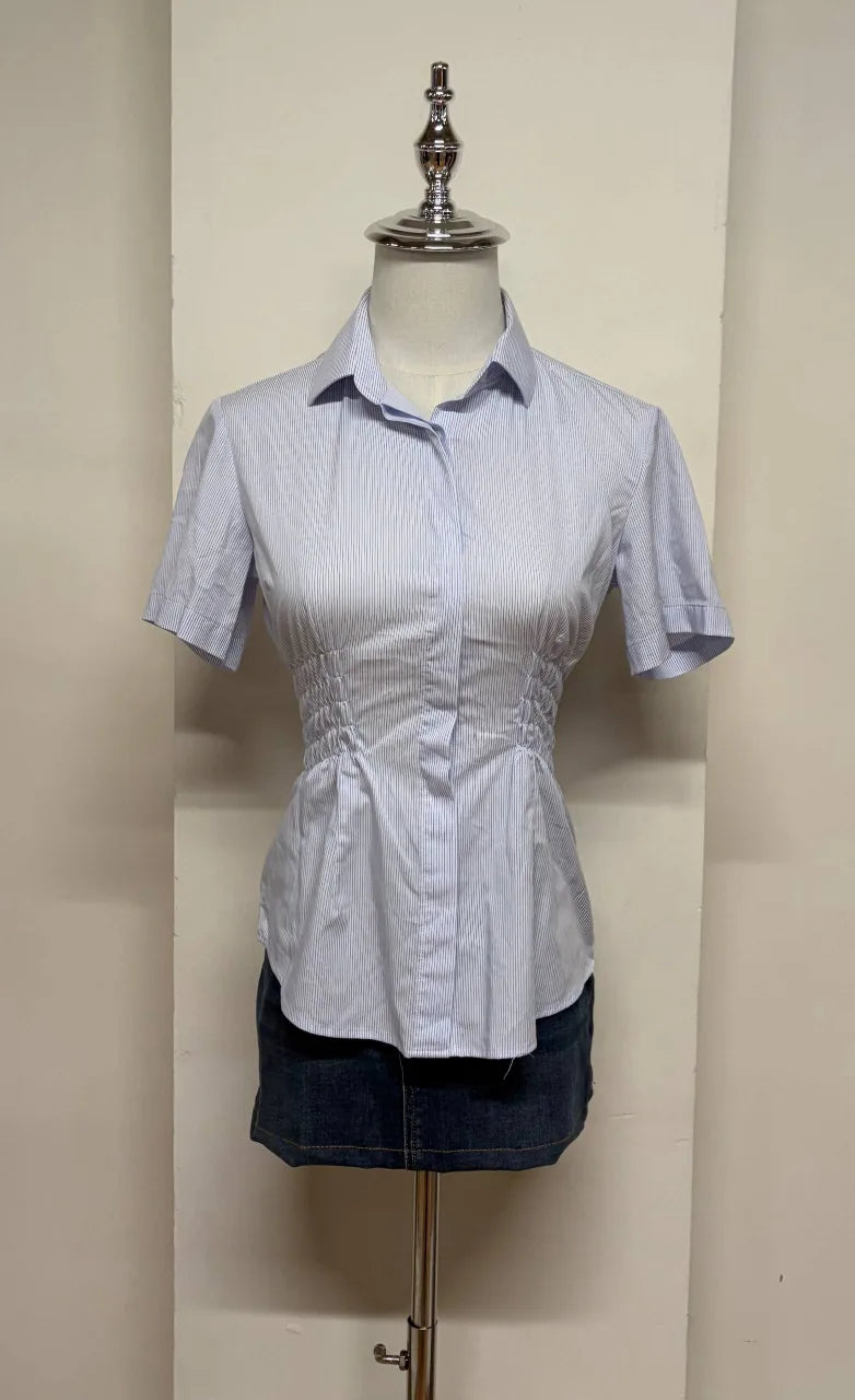 Blue Pinstriped Cinched Blouse 1