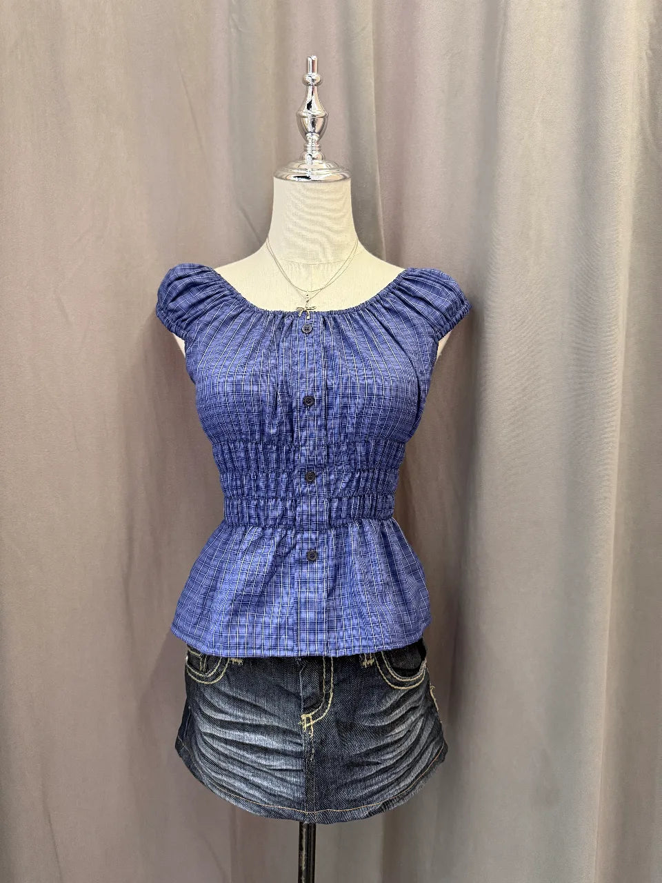 Blue Plaid Reworked Milkmaid Blouse 1