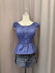 Blue Plaid Reworked Milkmaid Blouse 1
