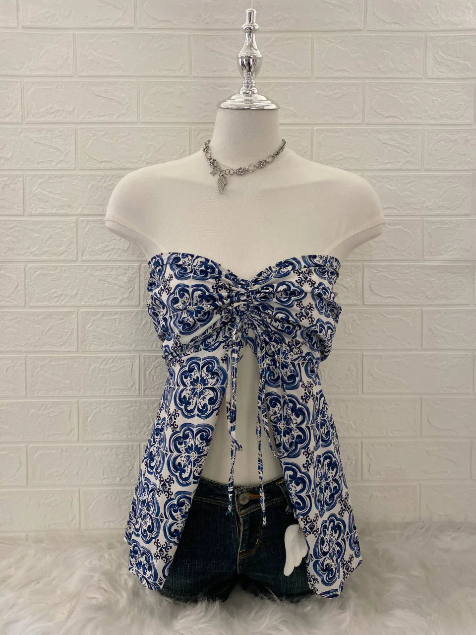Blue Porcelain Pattern Open Front Tube Top 1