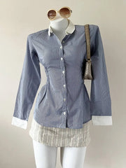 Blue Striped with White Collar Long Sleeve Blouse 1