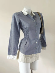 Blue Striped with White Collar Long Sleeve Blouse 2