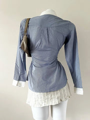 Blue Striped with White Collar Long Sleeve Blouse 3