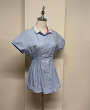 Blue with Contrast Collar Cinched Blouse 2