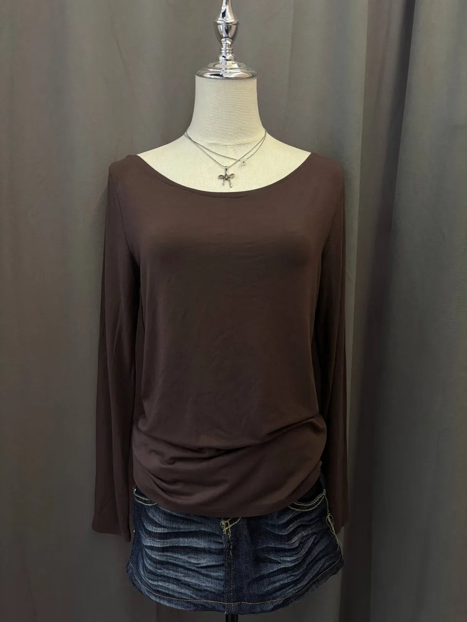 Brown Long Sleeve Off-Shoulder Top 1