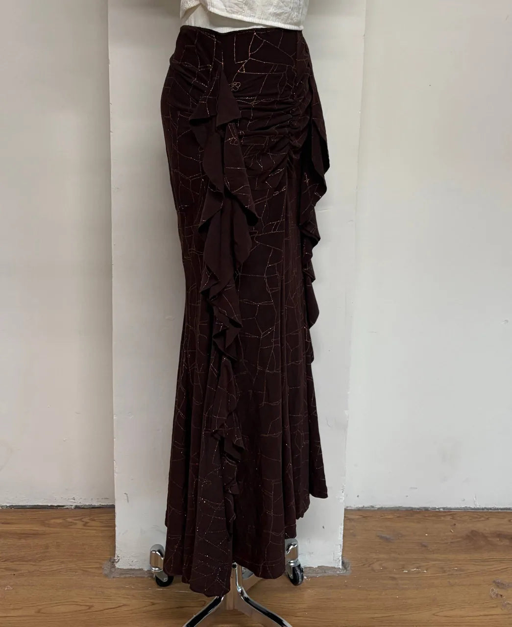 Brown Shimmery Ruffle Maxi Skirt 1