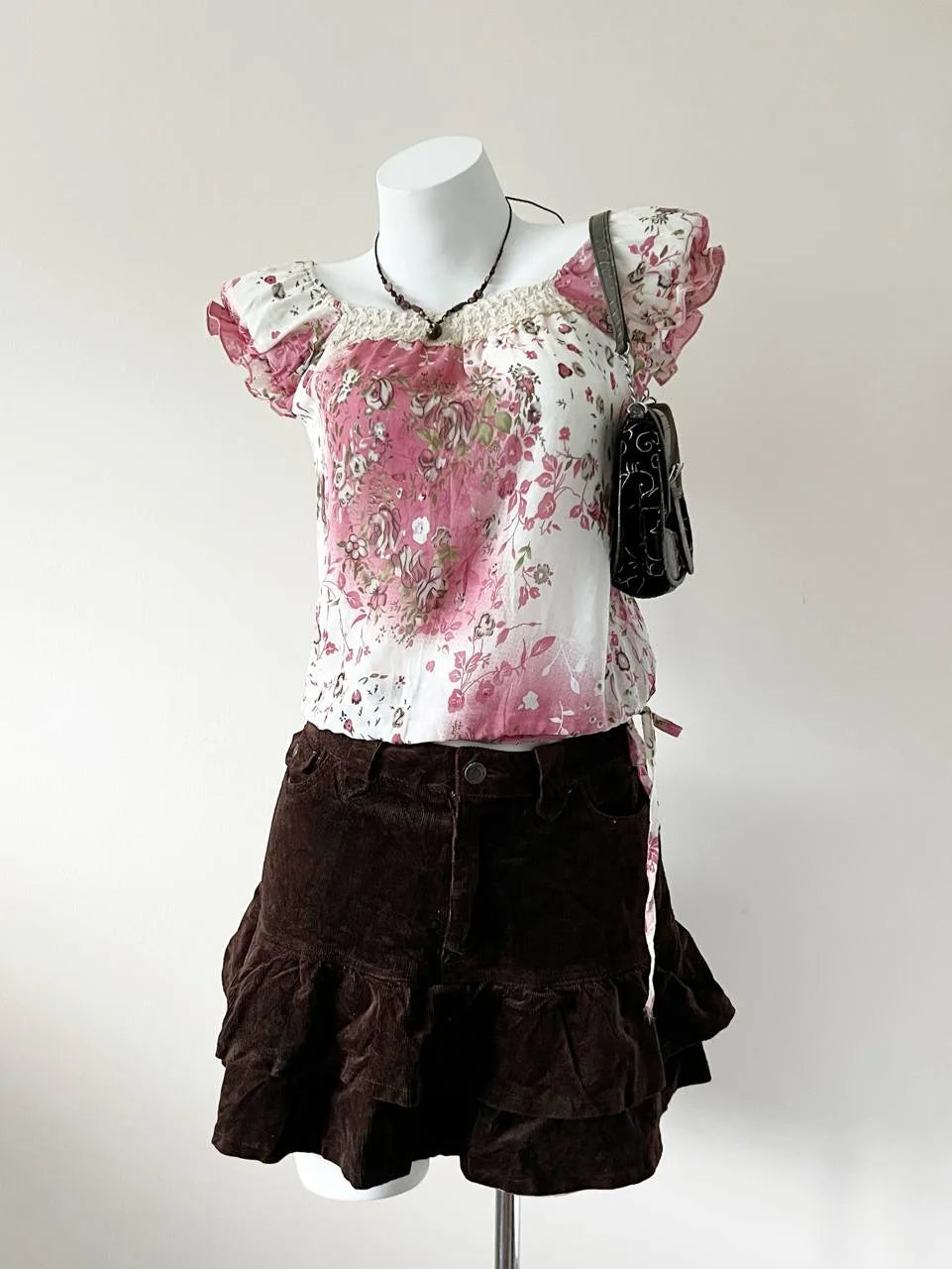 Brown Tiered Hem Corduroy Mini Skirt 1