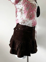 Brown Tiered Hem Corduroy Mini Skirt 2