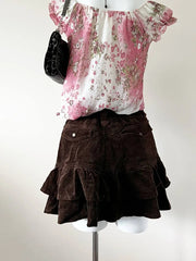 Brown Tiered Hem Corduroy Mini Skirt 3