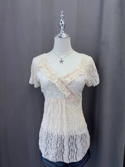 Cream Lace Overlay Ruffle Neckline Blouse 1