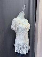 Cream Lace Overlay Ruffle Neckline Blouse 2