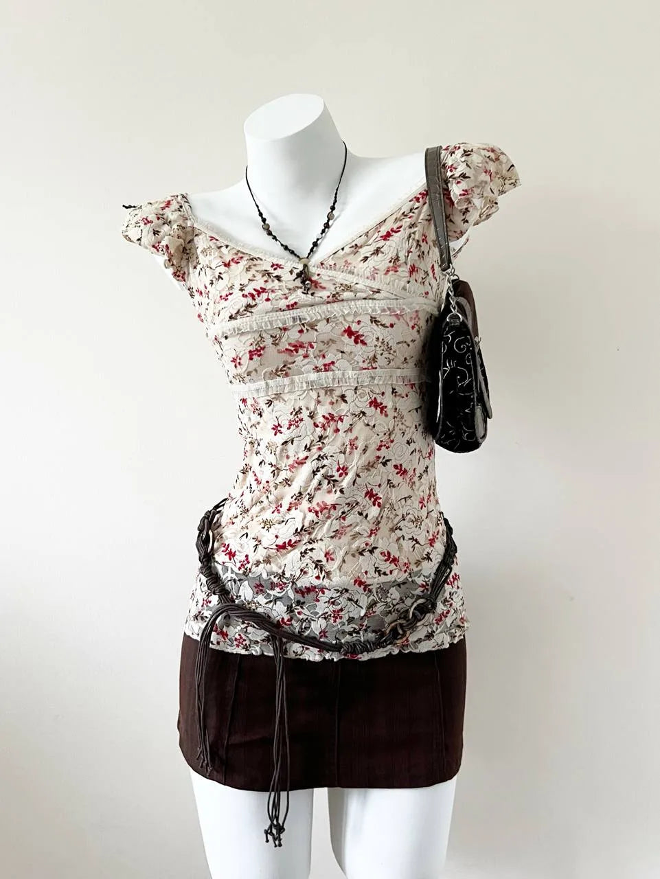 Cream Mesh Floral Overlay Form Fitting Blouse 1