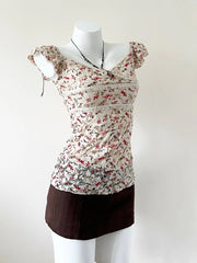 Cream Mesh Floral Overlay Form Fitting Blouse 2