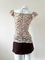 Cream Mesh Floral Overlay Form Fitting Blouse 3