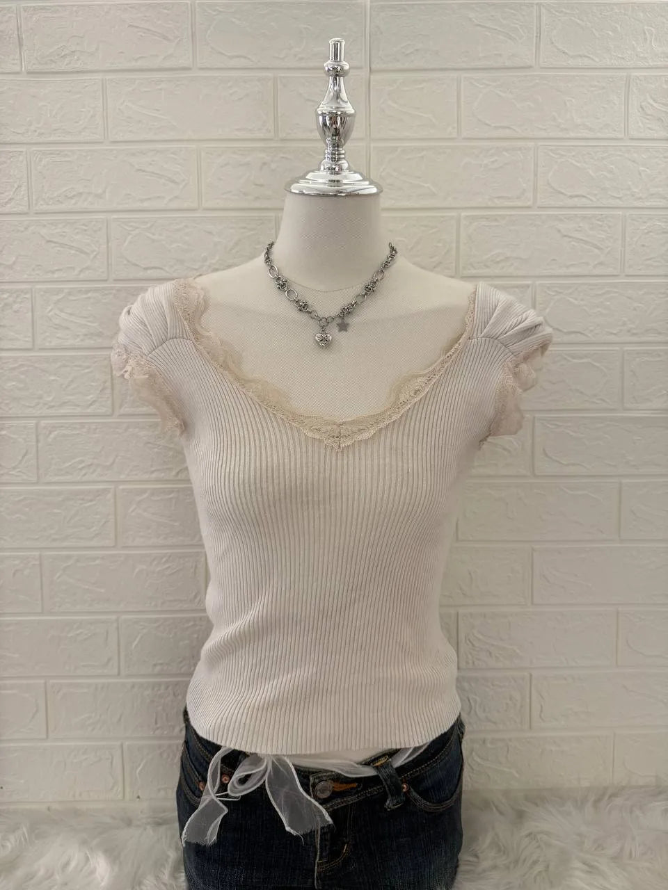 Cream Ribbed Knit Top 1