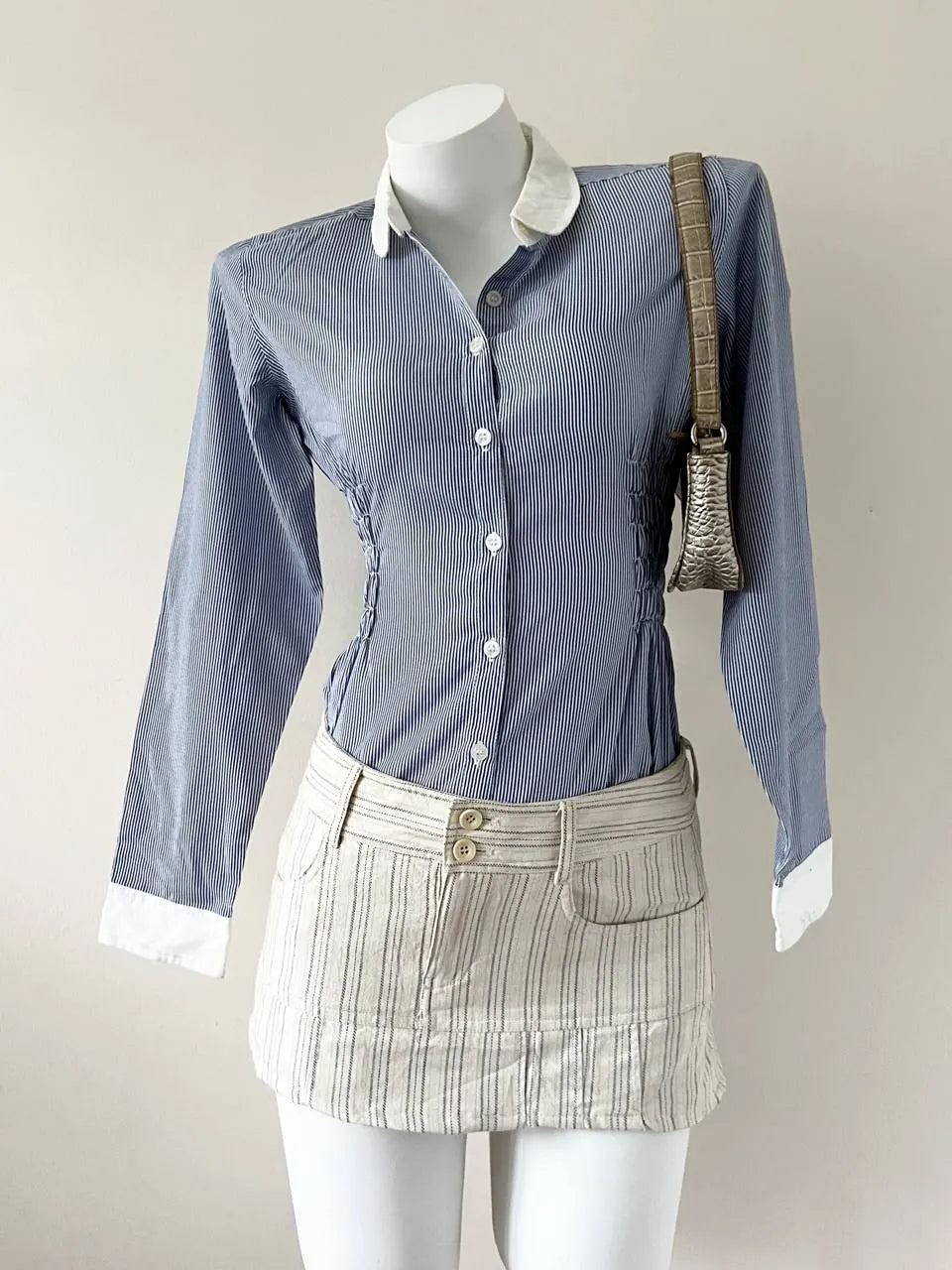 Cream with Blue Stripes Mini Skirt 1