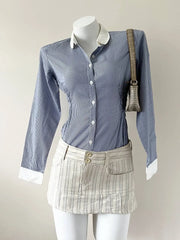 Cream with Blue Stripes Mini Skirt 1