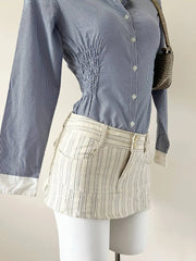 Cream with Blue Stripes Mini Skirt 2