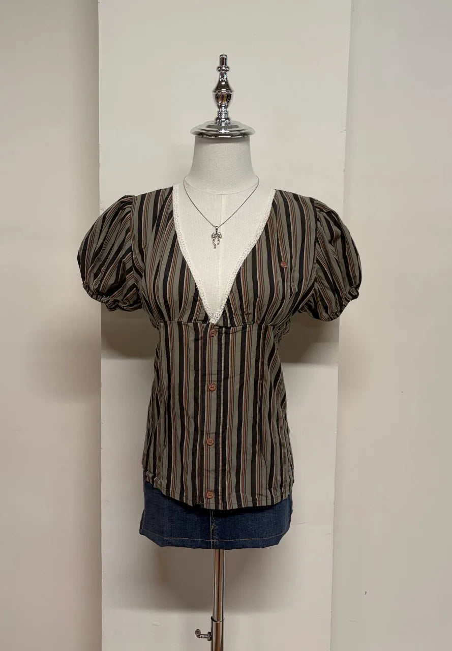 Dark Brown Striped Puff Sleeve Blouse 1
