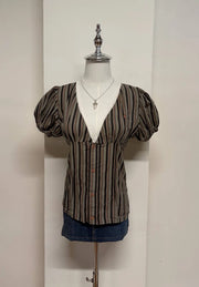 Dark Brown Striped Puff Sleeve Blouse 1