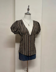 Dark Brown Striped Puff Sleeve Blouse 2