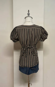 Dark Brown Striped Puff Sleeve Blouse 3