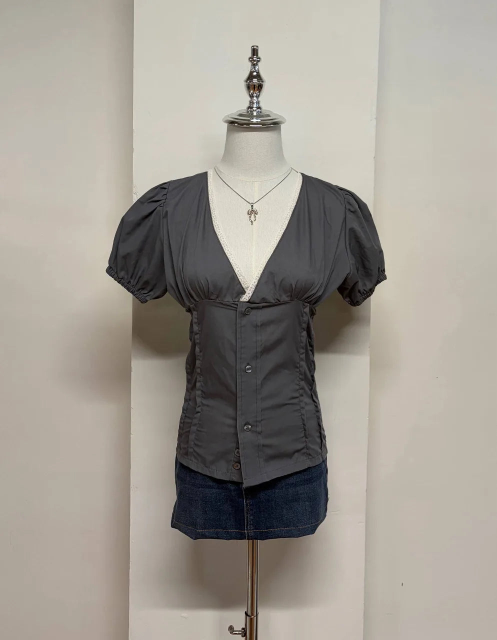 Dark Grey Puff Sleeve Blouse 1