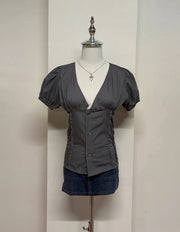 Dark Grey Puff Sleeve Blouse 1