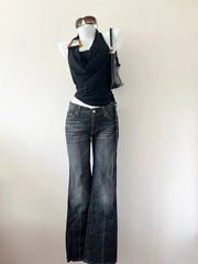 Dark Grey Washed with Brown Stitching Low Rise Jeans 1