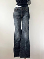 Dark Grey Washed with Brown Stitching Low Rise Jeans 2