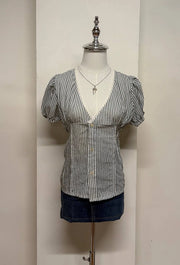 Dark Navy Striped Puff Sleeve Blouse 1