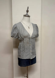 Dark Navy Striped Puff Sleeve Blouse 2