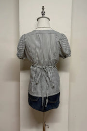 Dark Navy Striped Puff Sleeve Blouse 3
