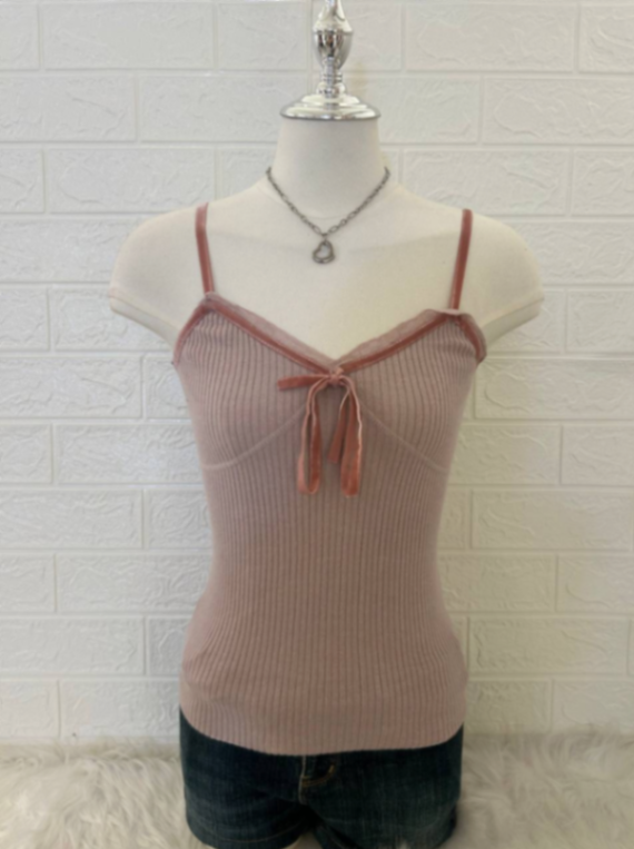 Dusty Pink Ribbed Bow Cami 1