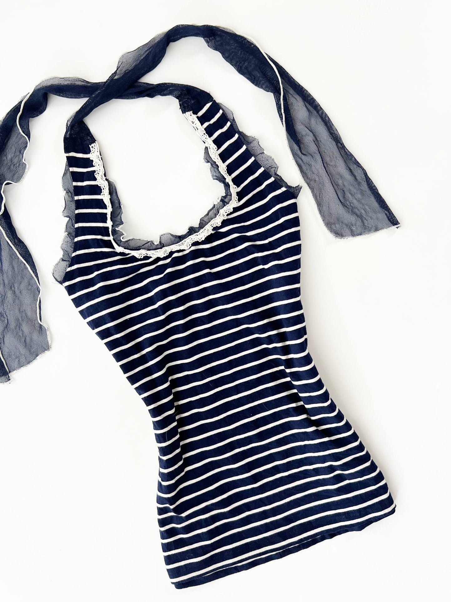 Navy Striped Halter w Mesh Trim