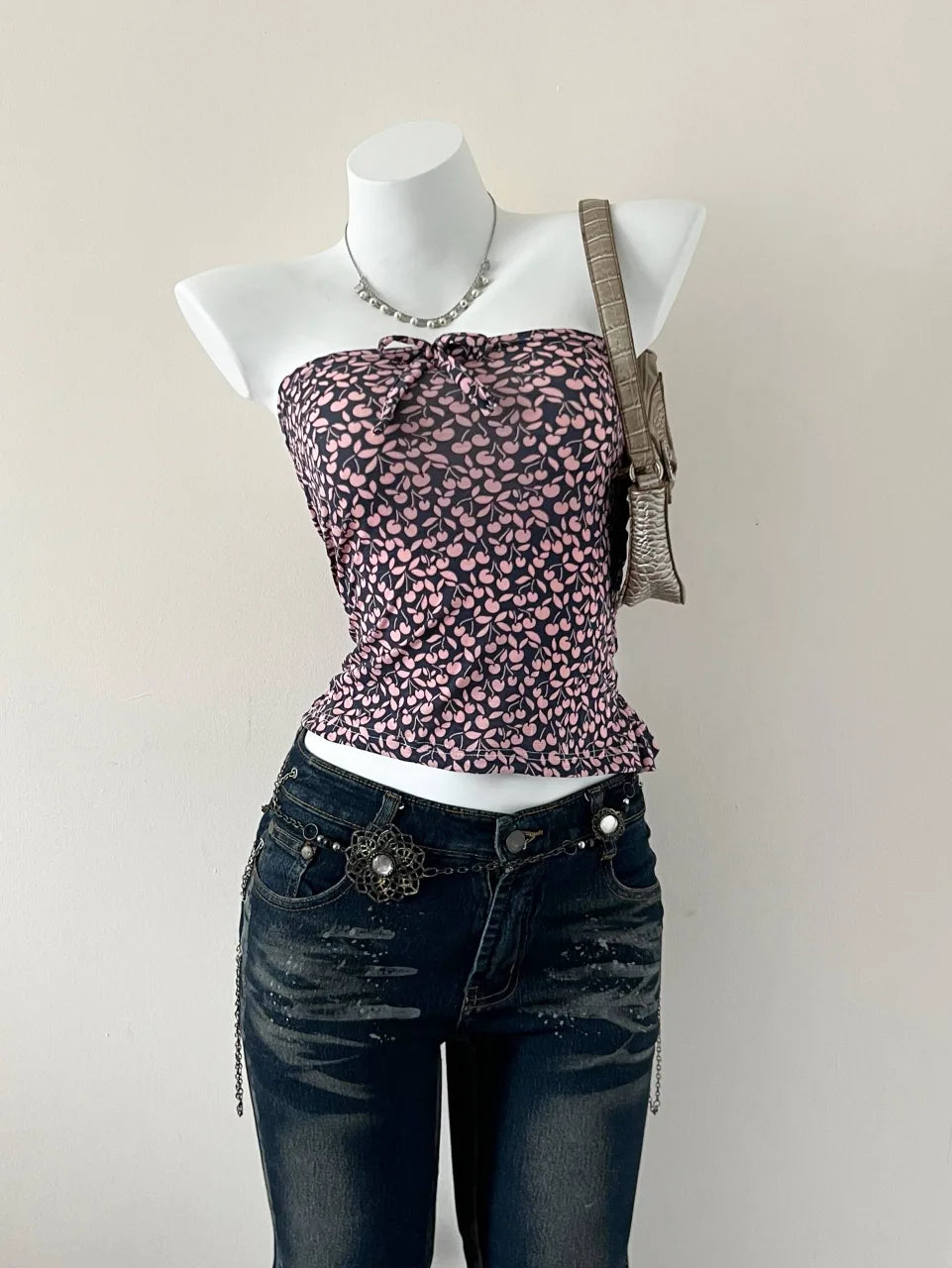 Faded Cherry Print Navy Reworked Tube 1