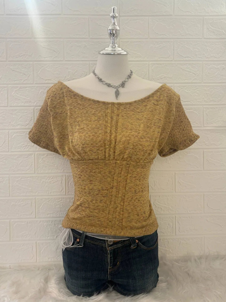 Gold & Brown Knitted Reworked Off-Shoulder Top 1