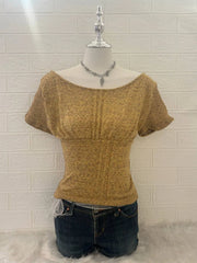 Gold & Brown Knitted Reworked Off-Shoulder Top 1