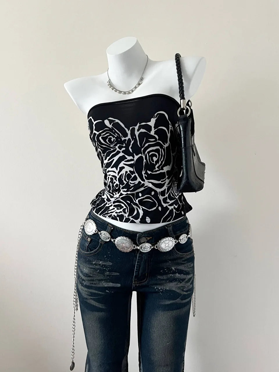 Graphic Black Floral Print Reworked Tube Top 1
