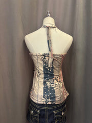 Green and Beige with Pink Florals Reworked Halter 3