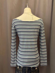 Green and Blue Striped Long Sleeve Off-Shoulder Top 3