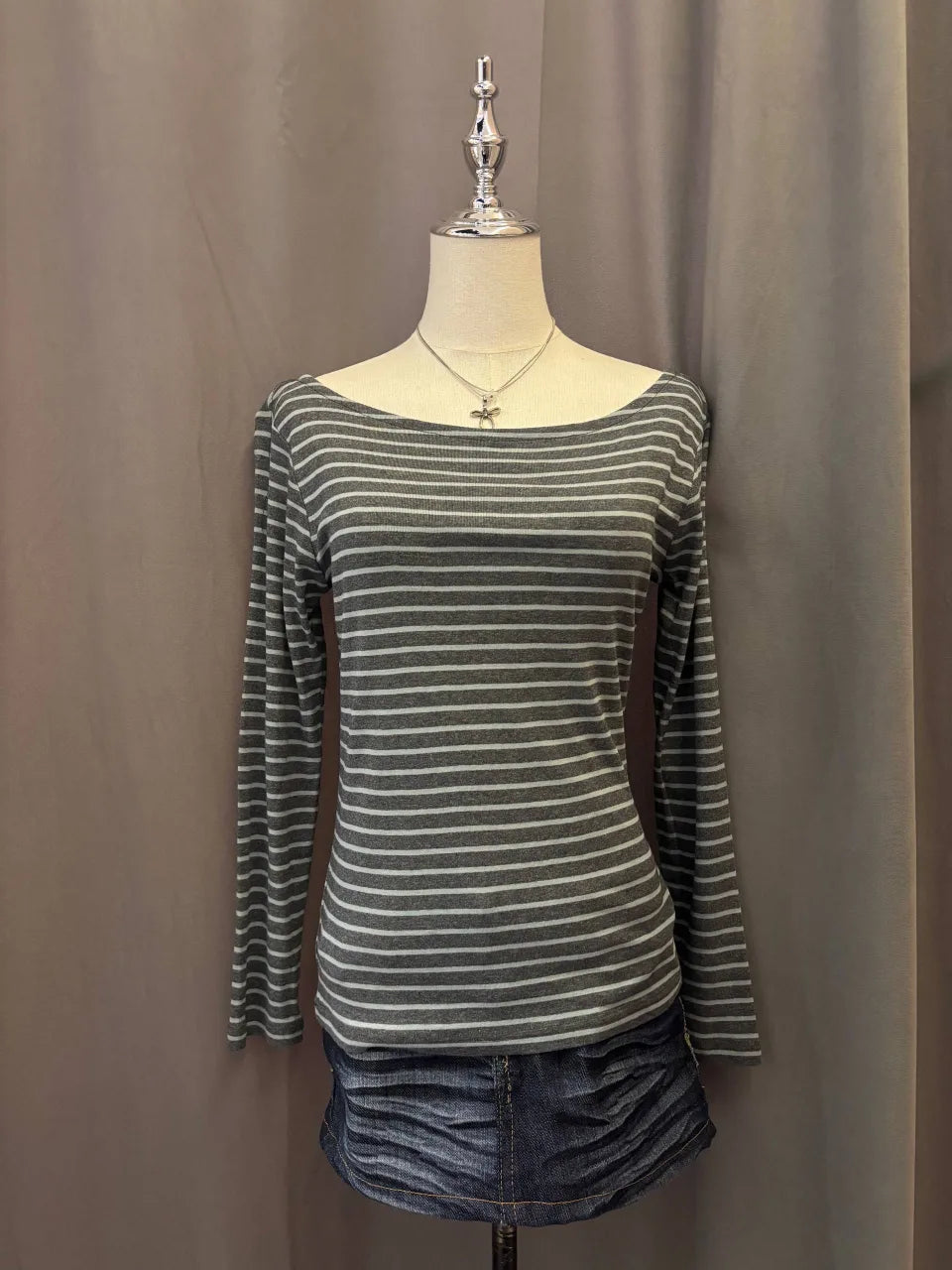 Green and Grey Striped Long Sleeve Off-Shoulder Top 1