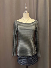 Green and Grey Striped Long Sleeve Off-Shoulder Top 1